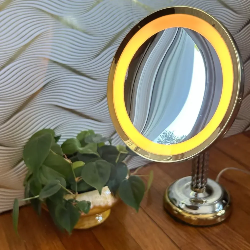 Vintage Cane & Reed Round Lighted Adjustable Make-Up Mirror with Twisted Stem
